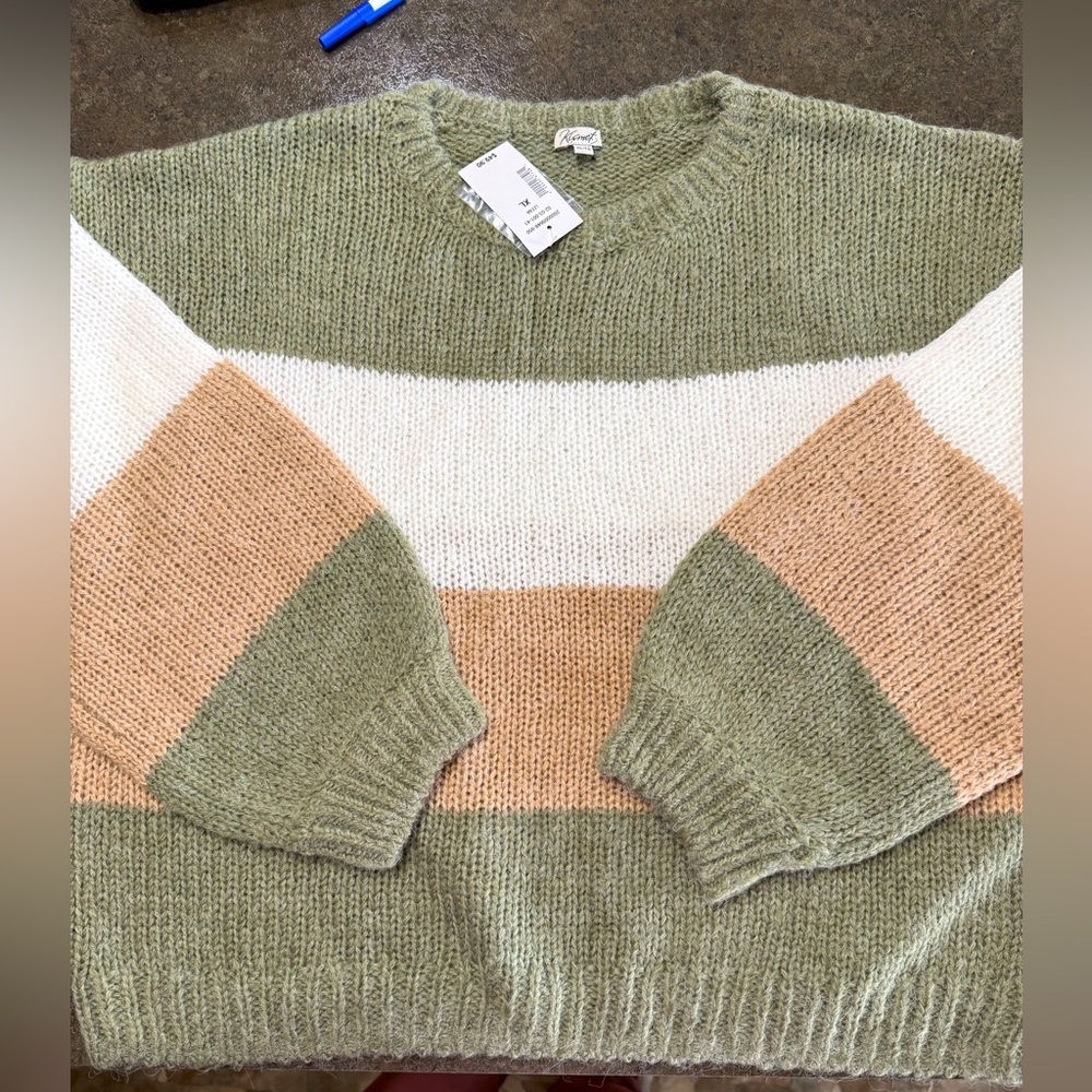 Kismet Striped Sage Green, off white and Tan Sweater NWT size XL